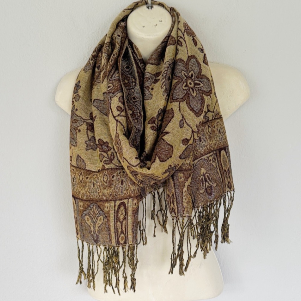 Brown gold glitter floral butterfly print tassel trim scarf one size